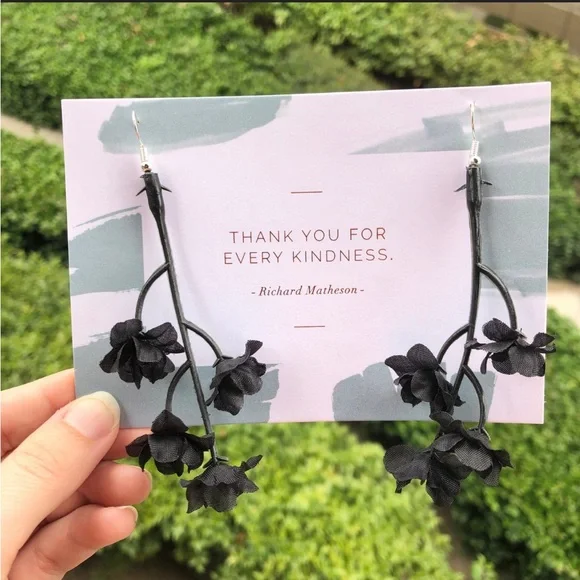 Black Flower Stem Dangle Earrings - Picture 6 of 7